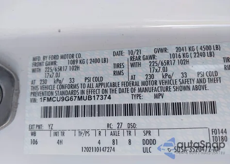 2021 Ford Escape Se z USA, uszkodzony, nr VIN 1FMCU9G67MUB17374